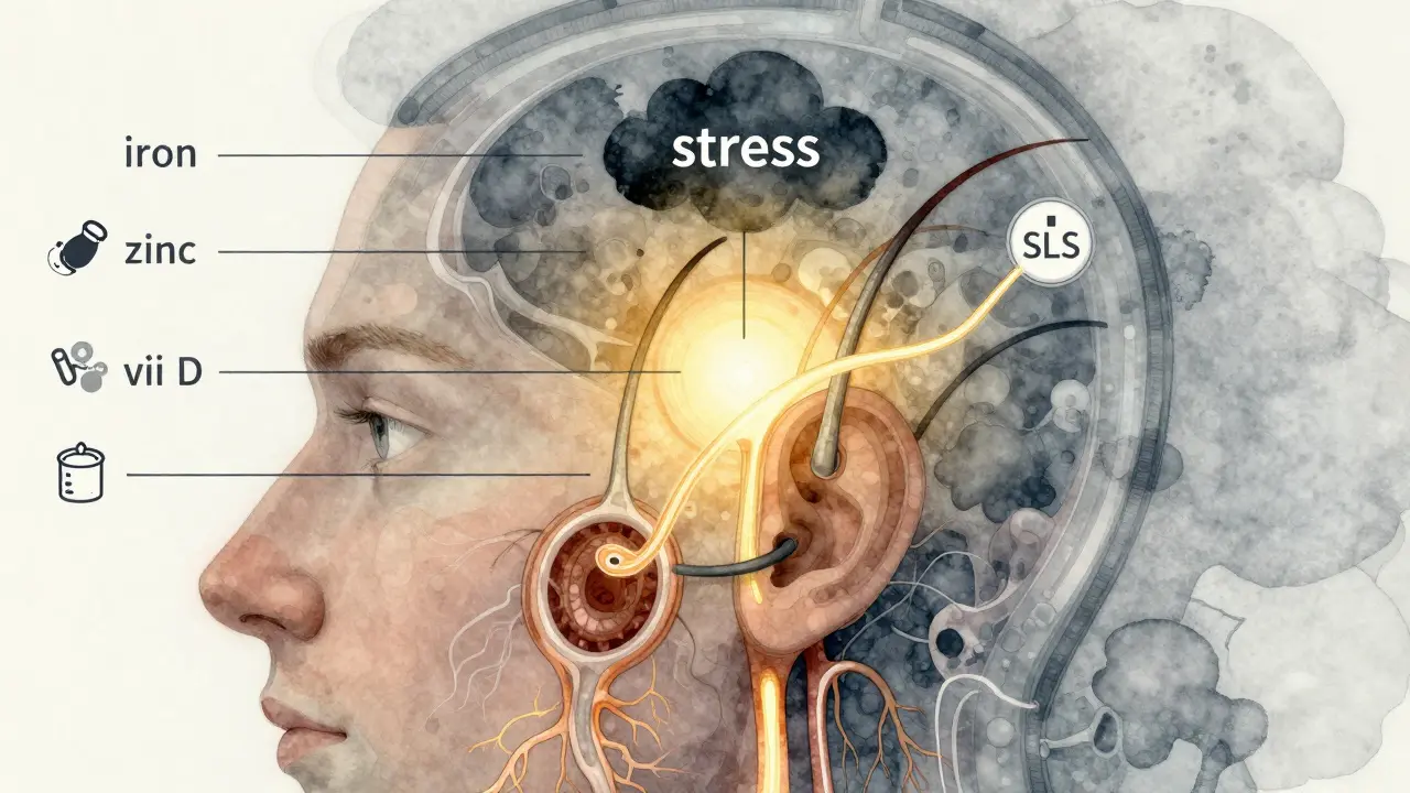 Průhledná hlava s vlasovými folikuly napájenými živinami, zatímco stres a chemikálie blokují některé cesty.