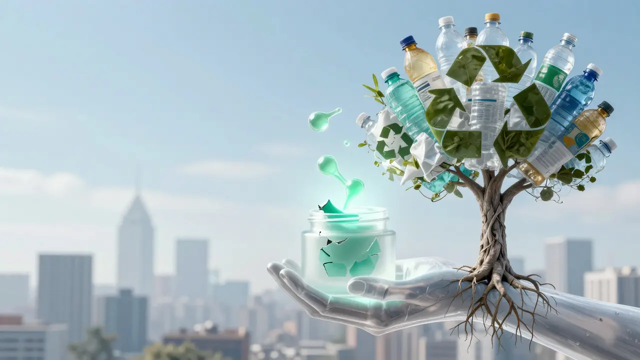 Průhledná ruka drží krém, ze kterého se uvolňují molekuly do stromu z recyklovaných plastových lahví, symbolizující přeměnu odpadu na nový život.