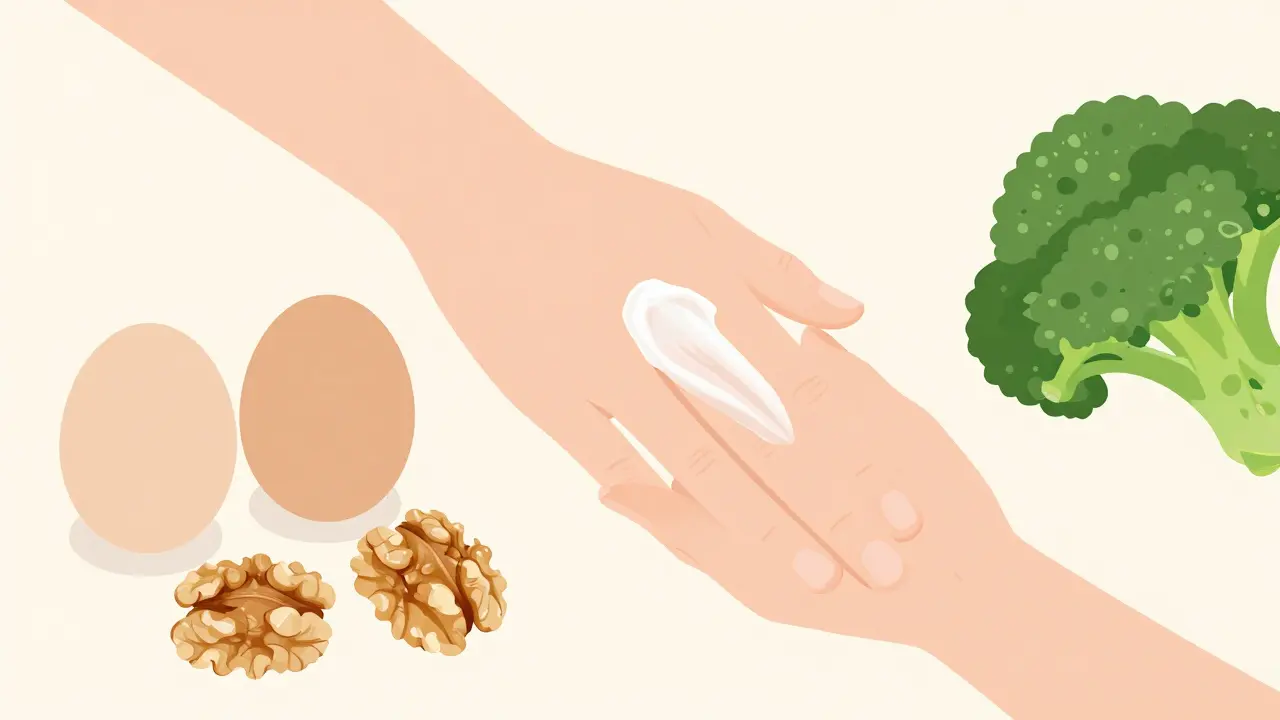 Ruka aplikující krém s vejci, ořechy a brokolicí