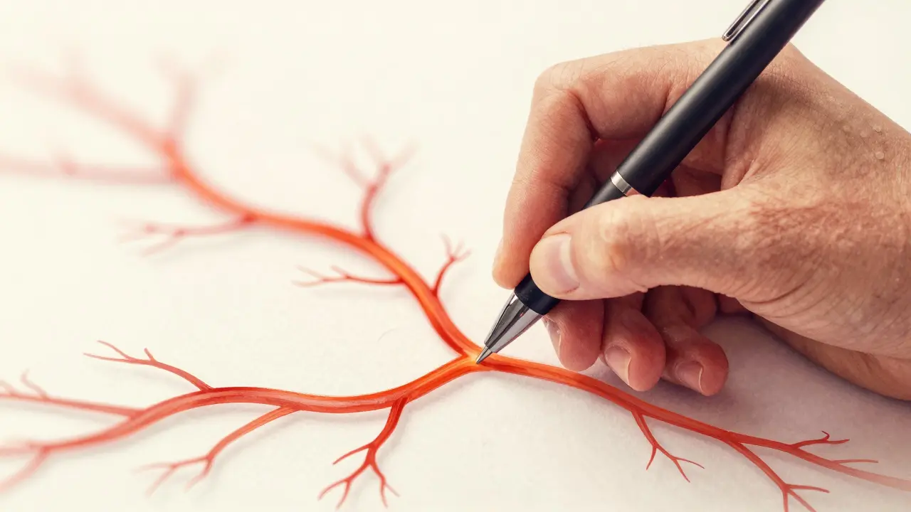 Ruka píšící s viditelným krevním oběhem v prstu