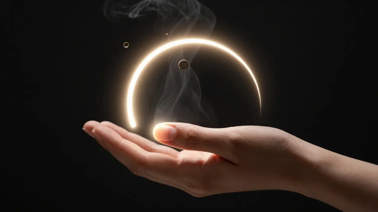 Rukou vycházející z tmy, s jasné U-tvarované světelné čáry nad nehtem jako symbolem zdraví.