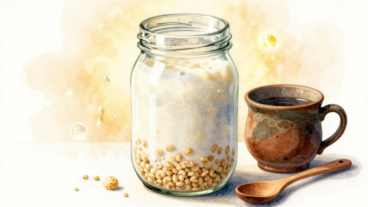 Skleněná nádoba s kefírem a viditelnými kefírovými zrnky