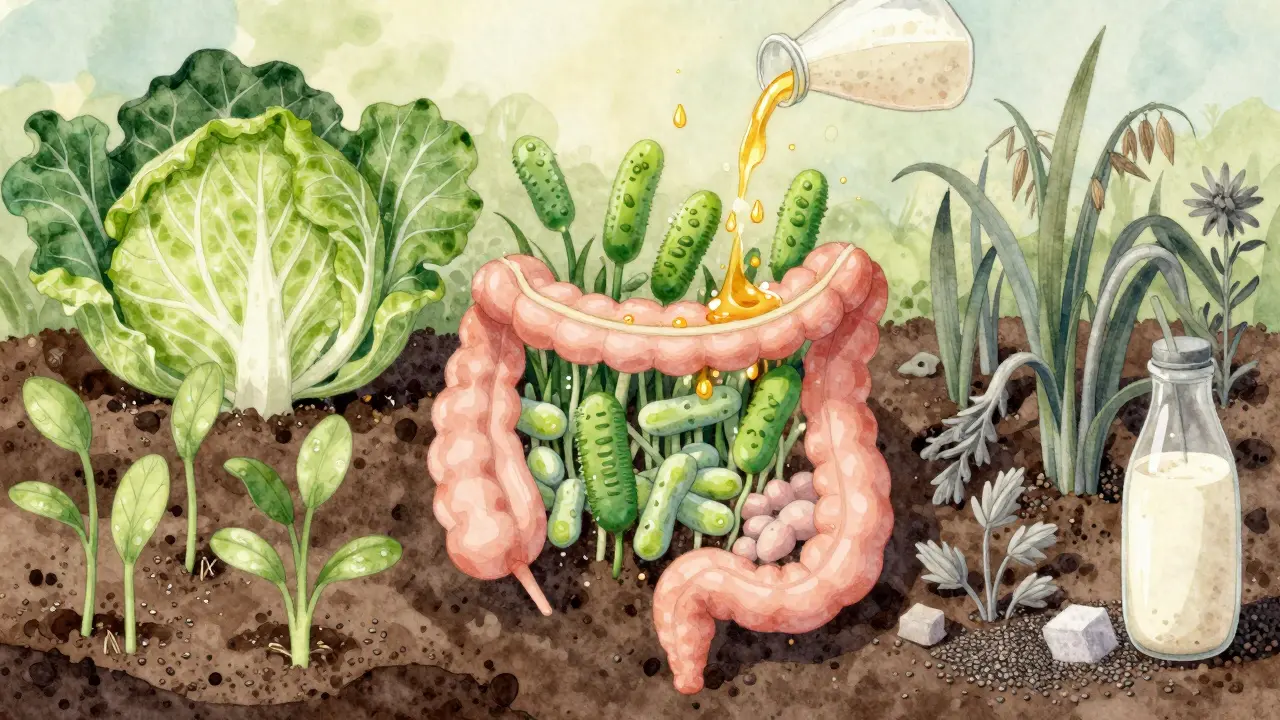 Střevo jako zahrada s zeleninou a fermentovanými potravinami, které živí prospěšné bakterie.