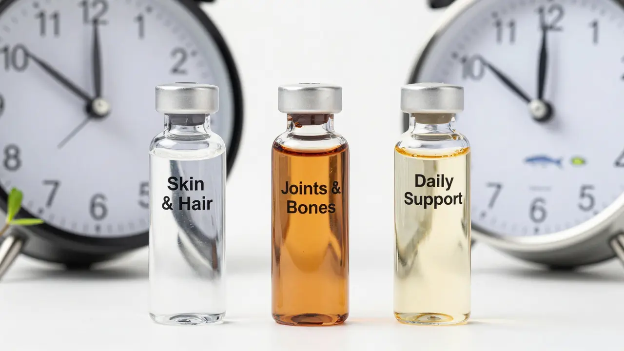 Tři láhve s rybím kolagenem označené podle cíle užívání s časovými značkami ráno, večer a denně.