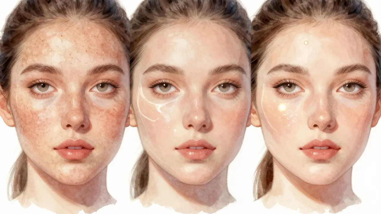 Tři varianty pleti: suchá, s primerem a s tění — ilustrace podpory pro make-up.