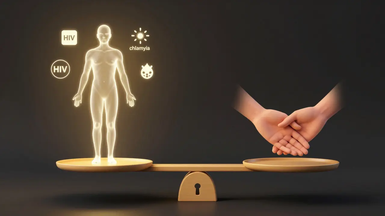 Váha s lidským tělem a infekcemi na jedné straně, zámek a ruce na druhé, symbolizující skutečnou ochranu.