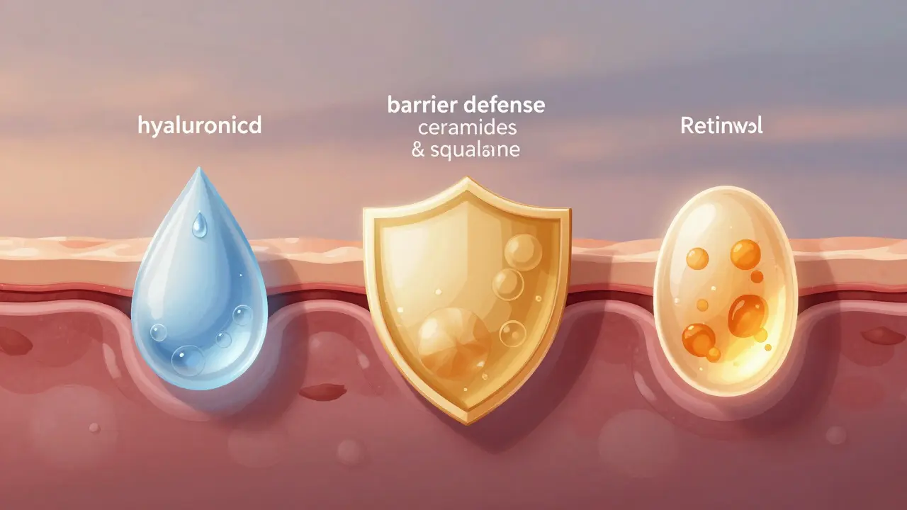 Vnitřní vrstvy pleti s hydratačními látkami, ochrannou bariérou a regenerací kolagenu.