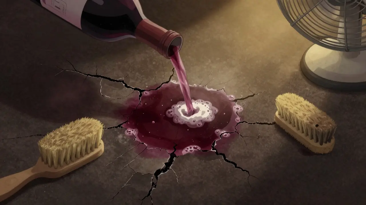 Zaschlá skvrna od vína na koberci je čištěna pastou ze sodové soli a octa, s větrákem a štětcem v pozadí.