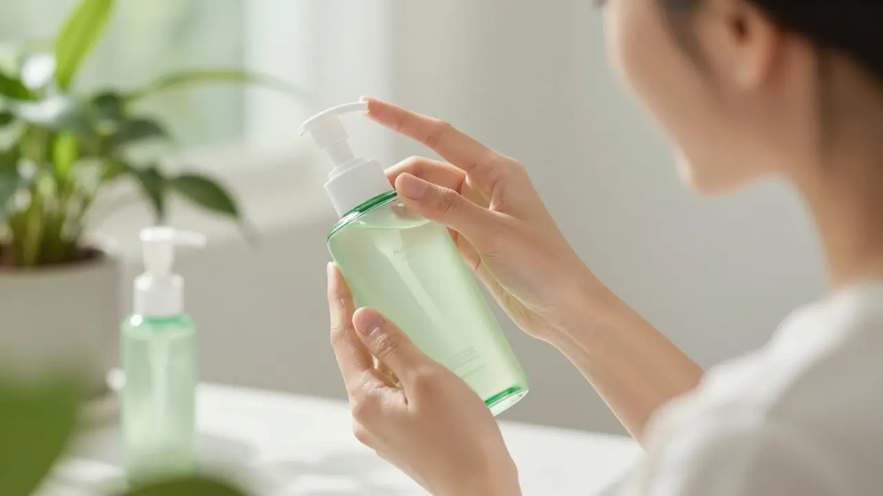 Žena aplikuje čistící gel, tonik a krém na pleť