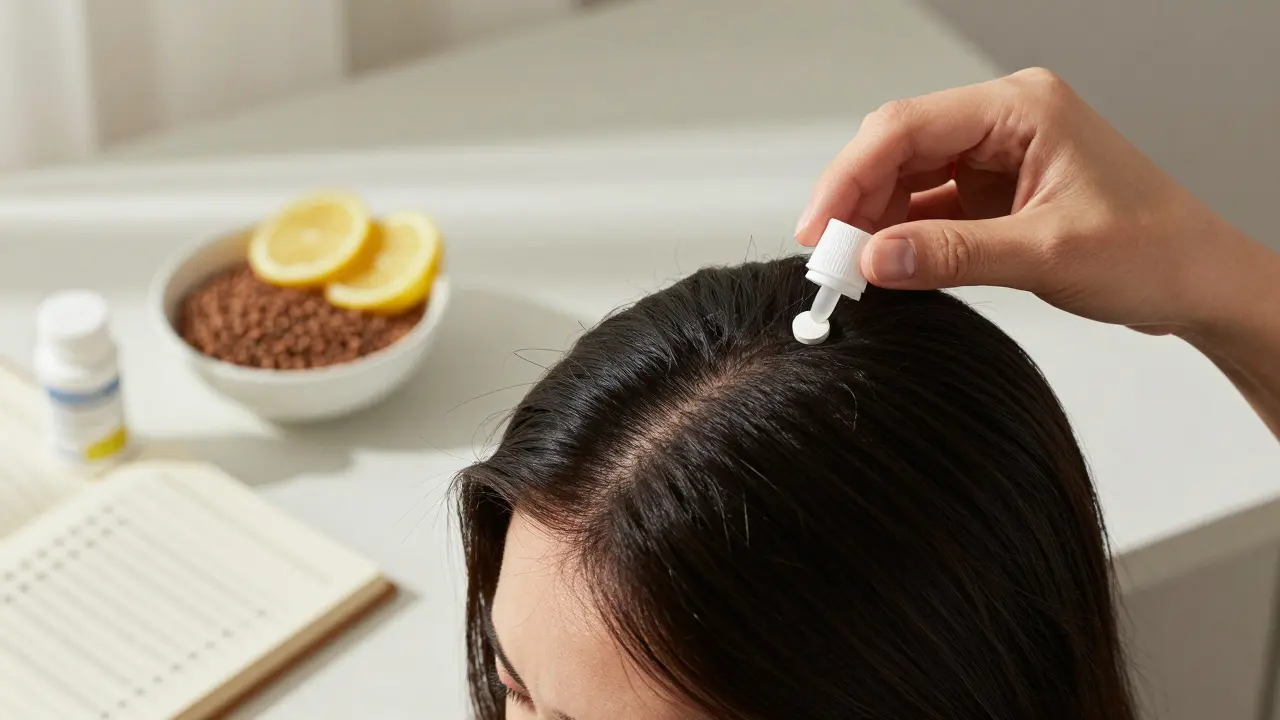 Žena aplikuje minoxidil na kůži hlavy ráno, vedle ní vitamíny a jídlo bohaté na železo.