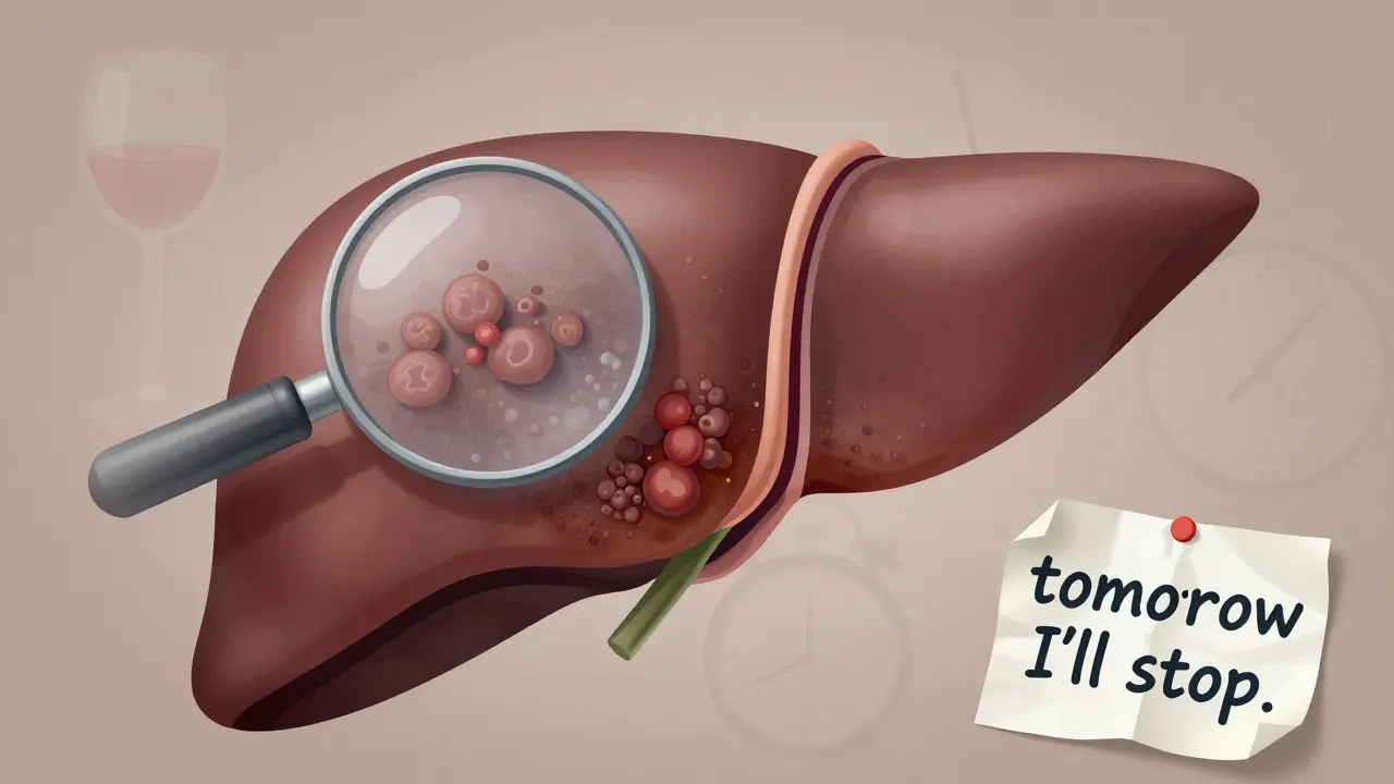 Zvětšený obraz jater s příznaky poškození způsobeného alkoholem.