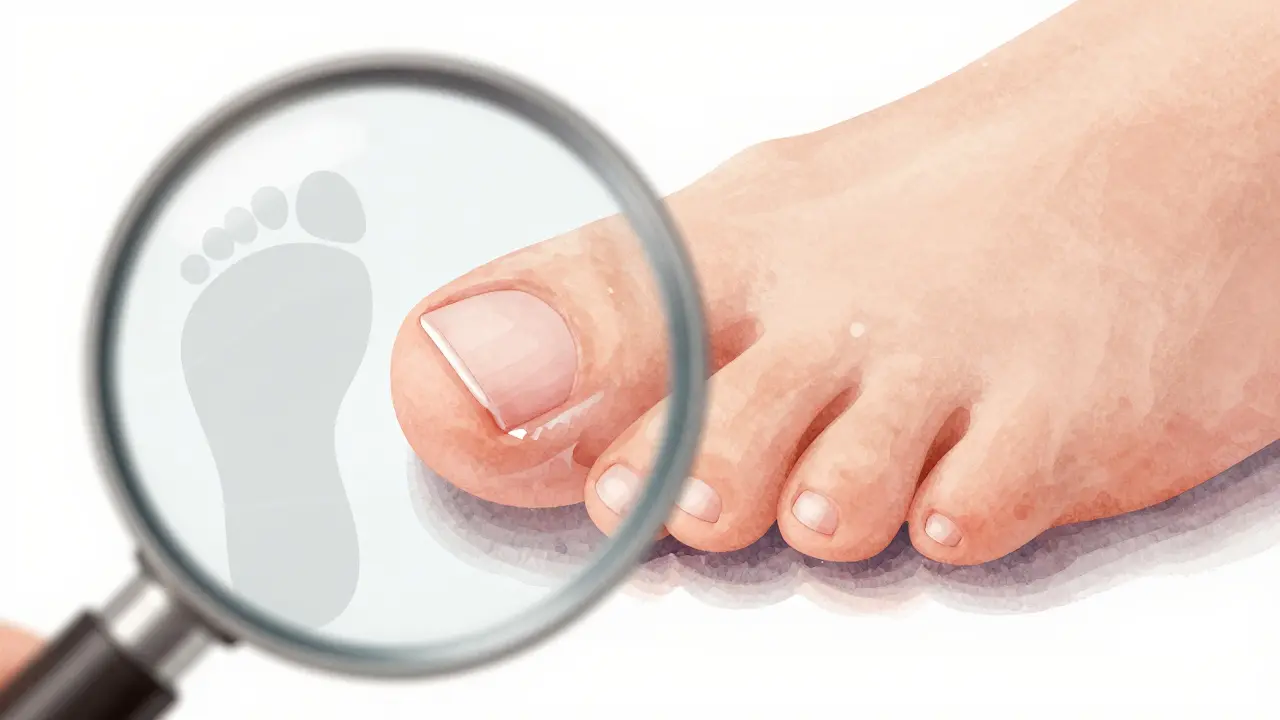 Zvětšený pohled na neht na noze s odlupujícím se lakem kvůli tření z obuvi.