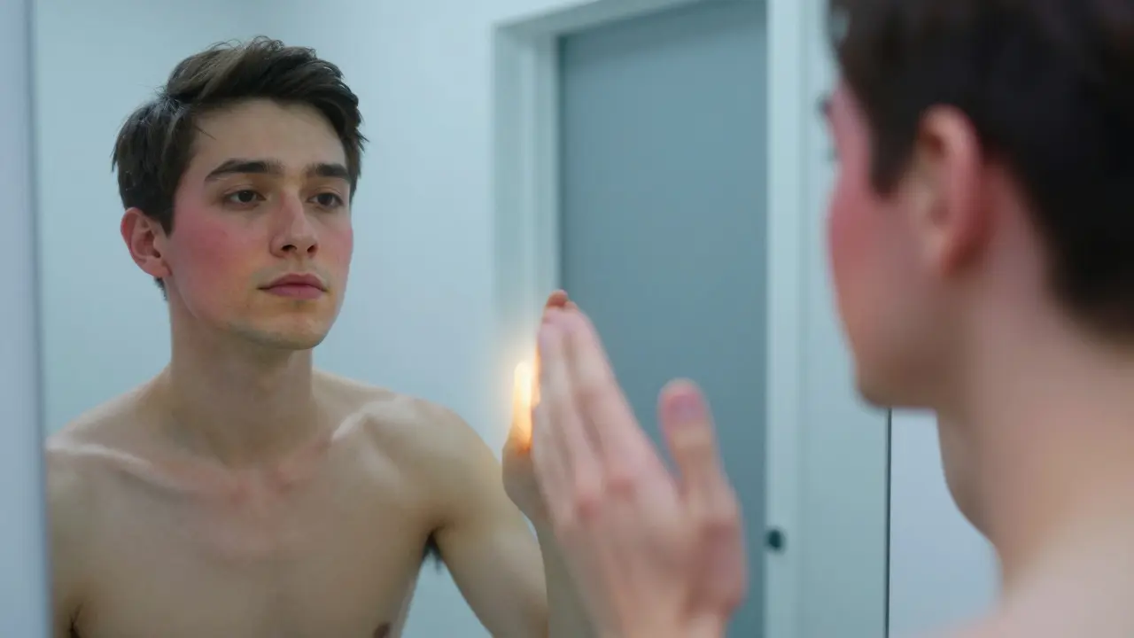 Člověk hledí do zrcadla, jeho zrcadlový obraz je klidný, zatímco skutečná tvář je stále červená, cesta k dermatologovi.