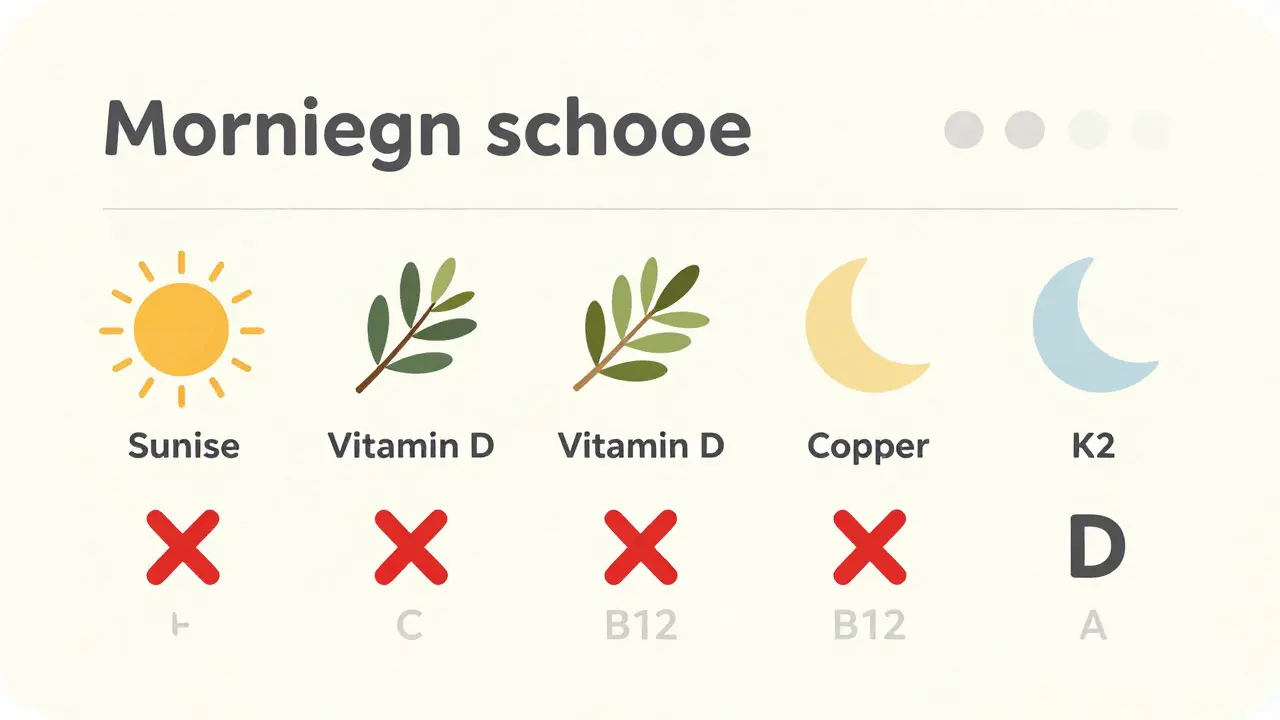 Denní plán s ikonami vitamínů pro ráno, po obědě a večer, s křížky nad zakázanými kombinacemi.