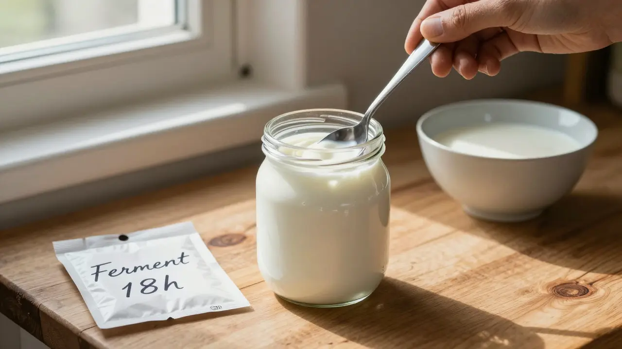 Domácí jogurt připravovaný v české kuchyni s kulturou a mlékem na dřevěném stole.