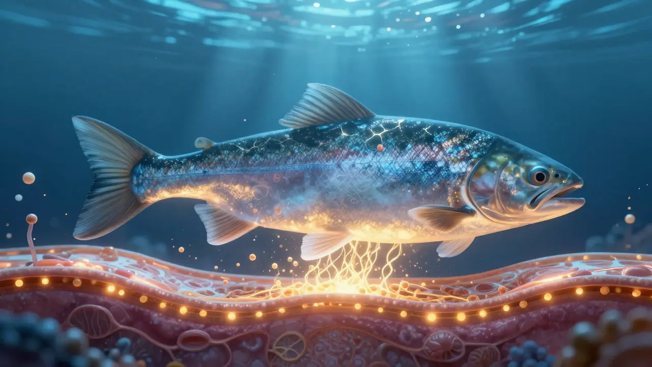 Ilustrace kloubů a kůže obnovovaných kolagenem z mořských ryb, s proudy peptidů v krevním oběhu.