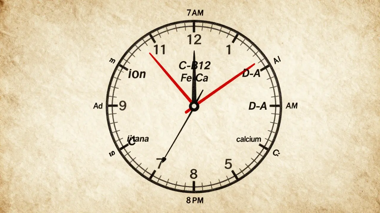 Kolečko dne s doplňky a časovými intervaly, červené čáry označují nebezpečné kombinace na pergamenovém pozadí.