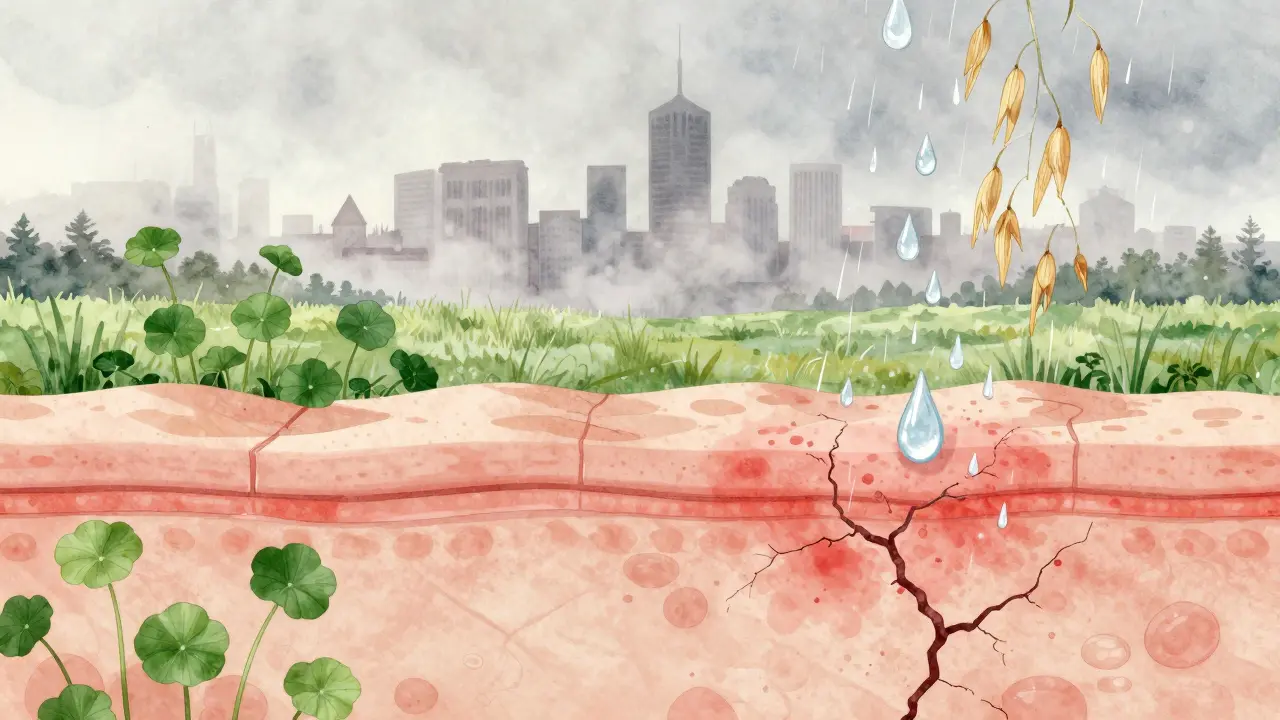 Koncepční obrázek pokožky jako krajiny, kterou léčí přírodní látky, zatímco nad ní visí znečištění města.