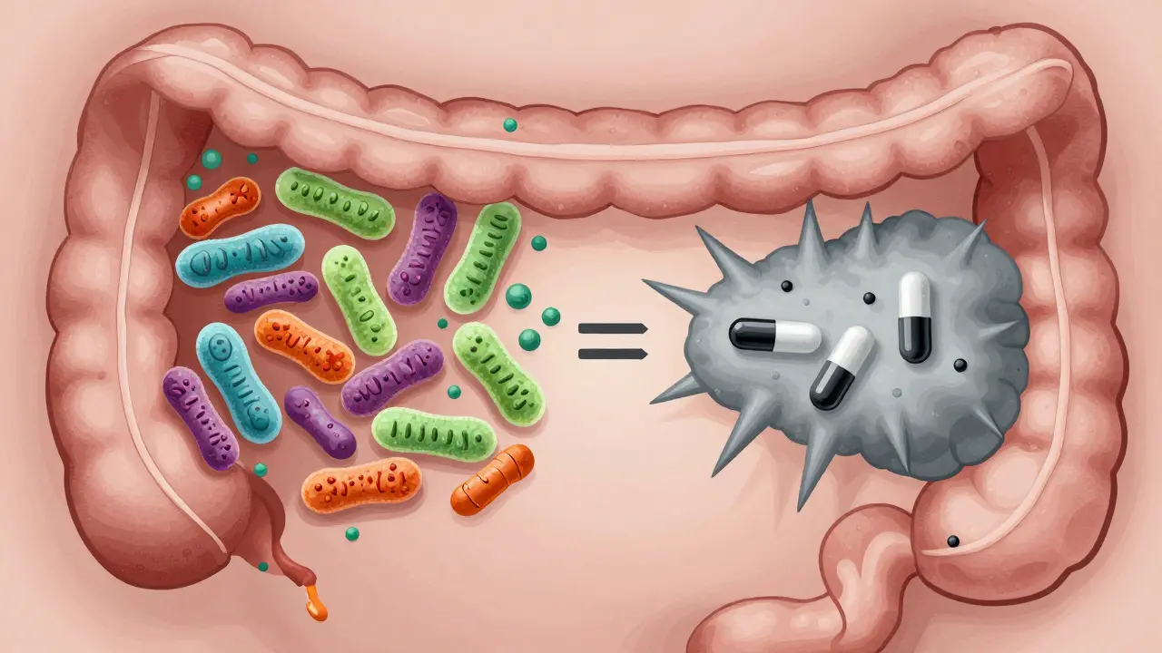 Křížový řez střev s přirozenými bakteriemi a antibiotiky v protikladu.