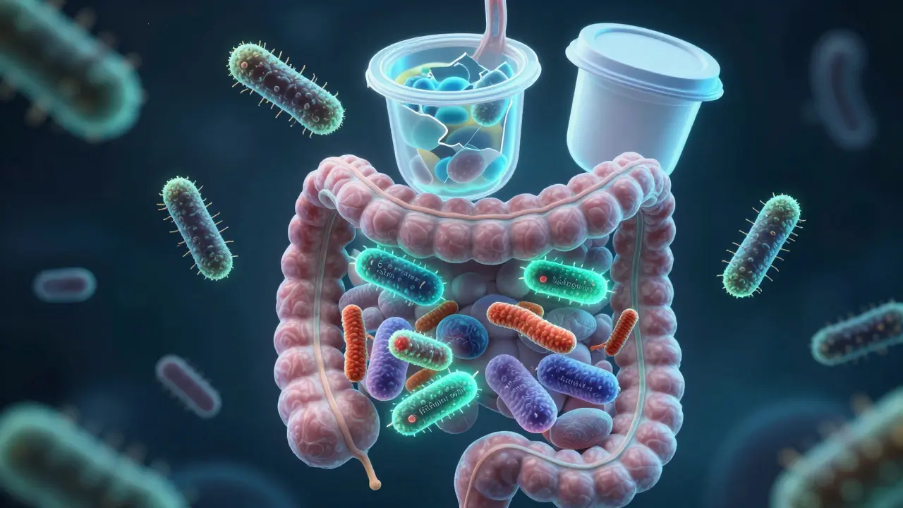 Lidské střevo s živými probiotickými bakteriemi, které přežívají, zatímco jiné zemřou v žaludku.