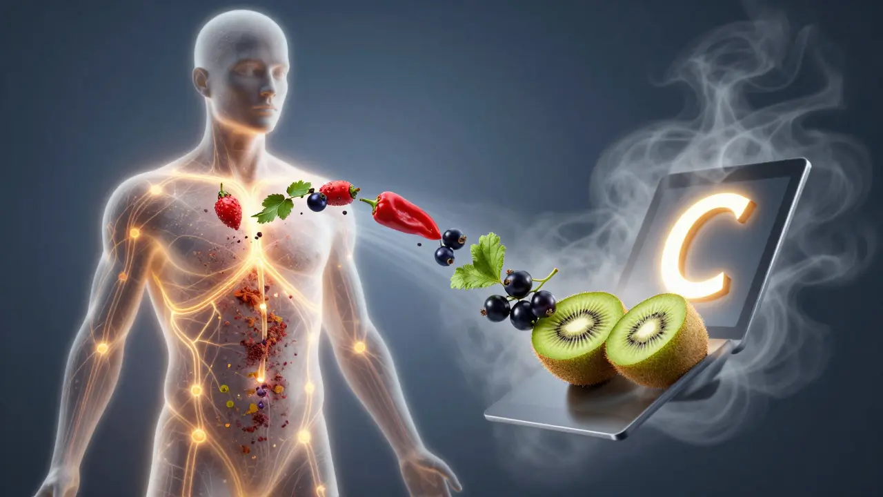 Lidské tělo s energií z přírodních potravin, tabletka se rozplynuje v mlze.