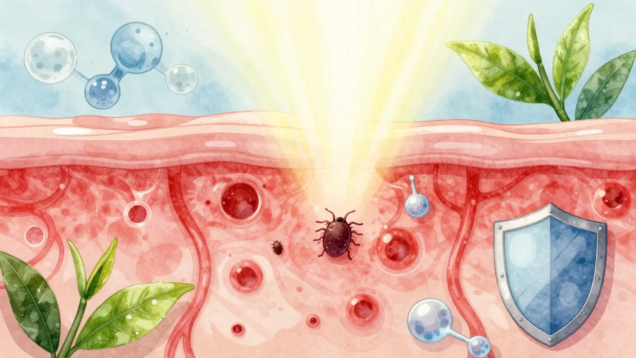 Mikroskopický pohled na rozšířené cévy a klíšťata na kůži, s přírodními látkami jako zelený čaj a ceramidy.