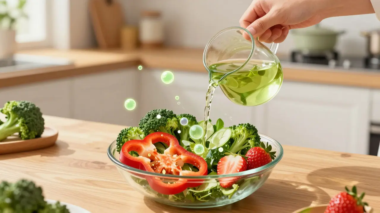 Osoba připravuje syrový salát s paprikou, brokolice a jahodami, přelévá zelený čaj.