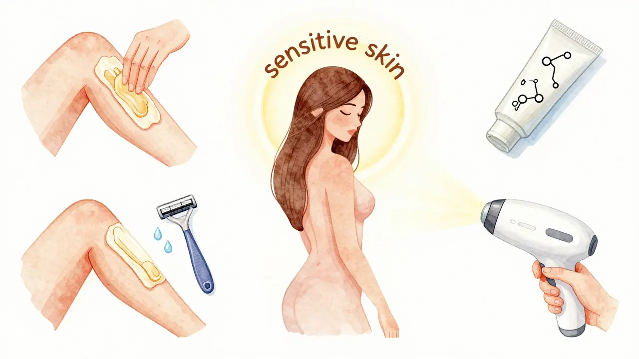 Porovnání čtyř metod depilace s náznakem podráždění a klidu kolem postavy ženy.