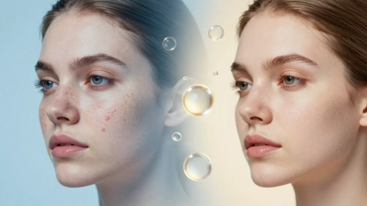 Převrácený obraz pleti: levá strana s rozšířenými póry, pravá strana s hladkou pletí po péči.