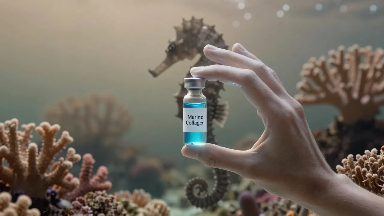 Průhledná láhev s mořským kolagenem a stín mořského koníka v korálovém ekosystému.