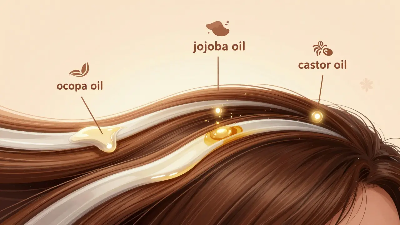 Průřez vlasového vlákna s různými oleji pronikajícími nebo pokrývajícími povrch.
