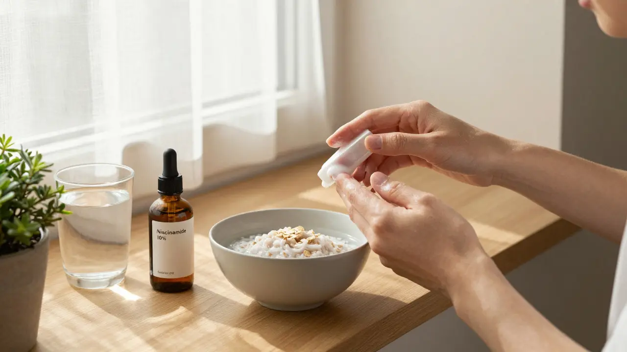 Ruce jemně aplikují čisticí přípravek na obličej bez použití kartáčků nebo nástrojů.