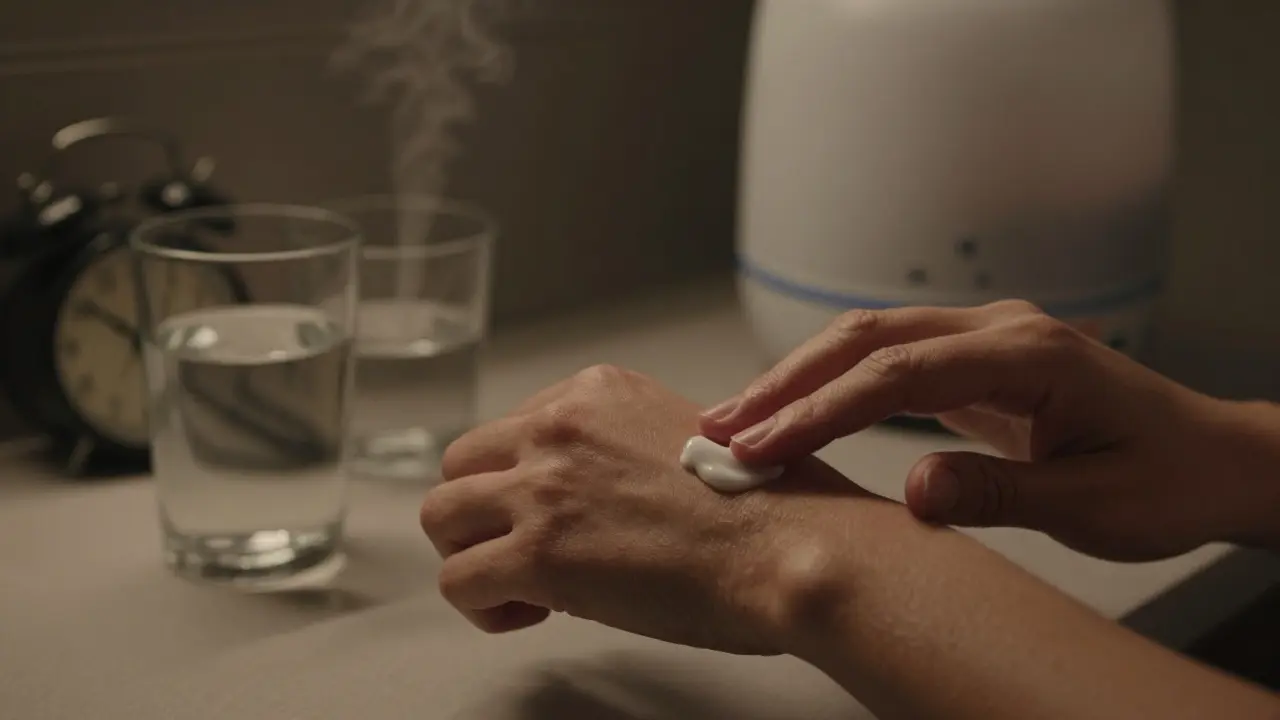 Ruka aplikuje krém na suchou kůži v nočním osvětlení, vedle voda a vlhčič.