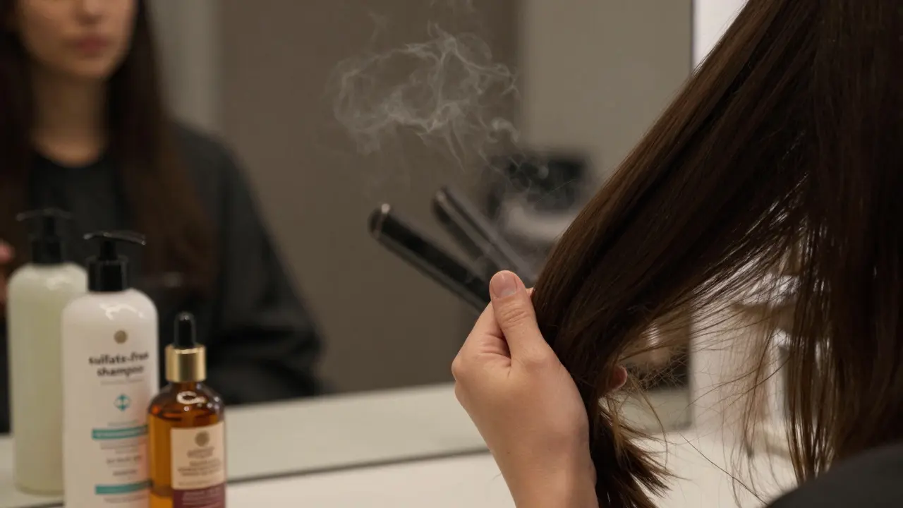 Ruka procházející hladkými vlasy po keratinu, s jemnými výpary a péčovými produkty v pozadí.