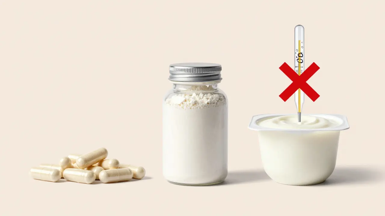 Různé formy probiotik: kapsle, prášek a jogurt s varováním na teplotu.