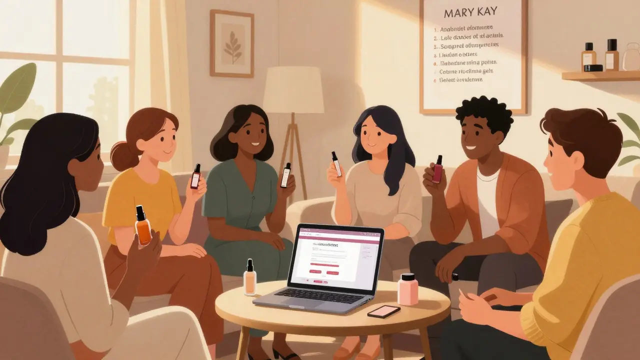 Různorodá skupina lidí sdílí zkušenosti s produkty Mary Kay v domácím prostředí, na pozadí počítač s webovým portálem.