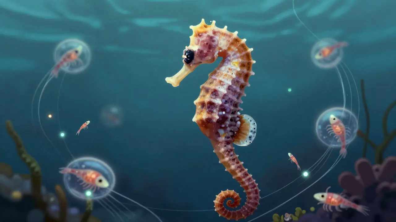 Samec mořského koníka s vajíčky v vývojové tažce, obklopený planktonem.