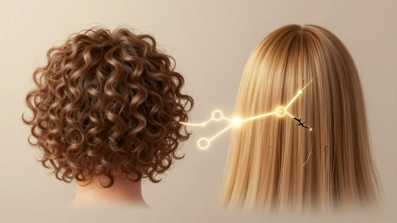 Srovnání struktury vlasů před a po keratinu: kudrnaté vs. hladké vlasy s chemickými vazbami.