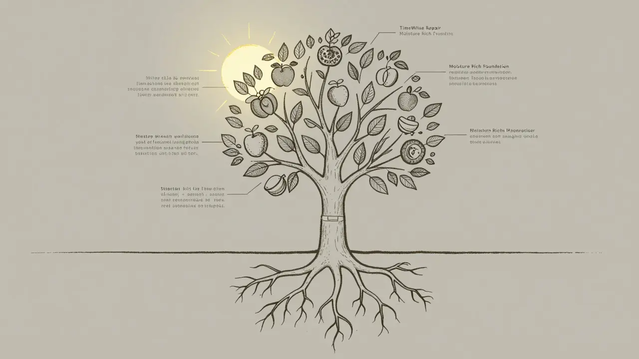 Strom s kořeny tvaru startovacího balíčku a plody označené produkty Mary Kay, symbolizující růst bez rizika.