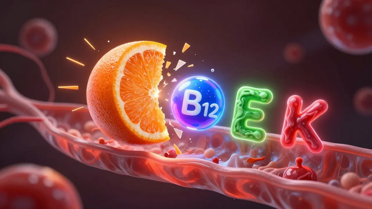 Surreální vizualizace konfliktu mezi vitamíny C, B12, E a K v těle jako rozpadajících se molekul.