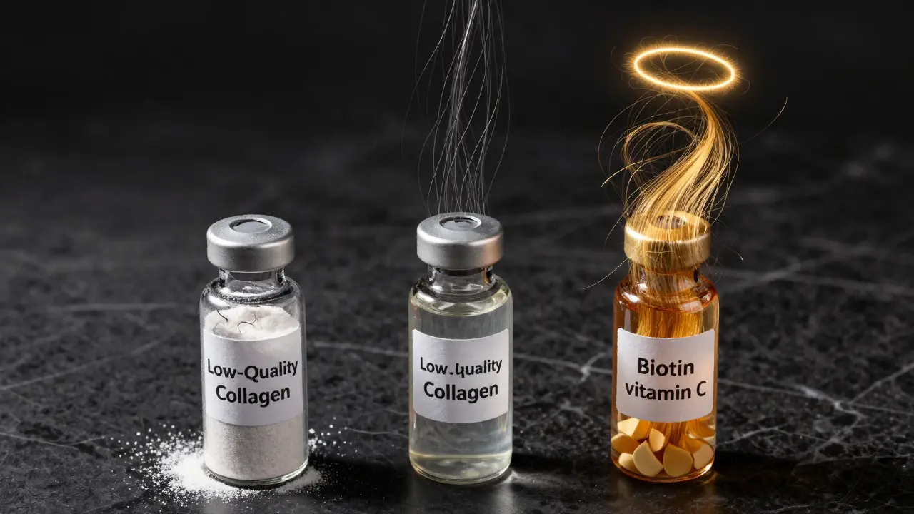 Tři skleněné lahvičky s různými typy kolagenu: špatný, dobrý a kompletní s vitamíny a vlasovými vlákny.