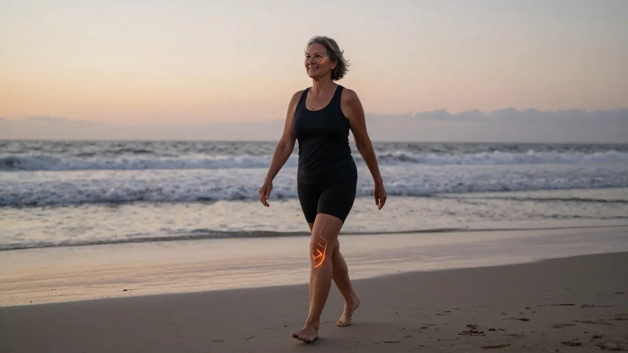 Žena na pláži při západu slunce, symbolizující zlepšenou pohyblivost a kůži díky mořskému kolagenu.