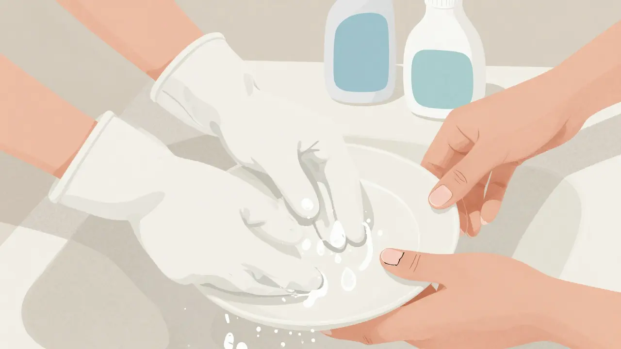 Žena nosí rukavice při mytí nádobí, chrání tak své nehty před poškozováním.