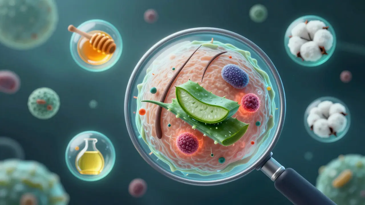 Zvětšený pohled na vlasový folikul s inflamací a přírodními látkami, které uklidňují kůži.