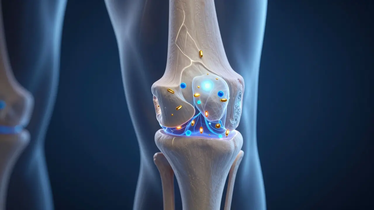 3D vizualizace kolagenových peptidů regenerujících kloubní chrupavku.