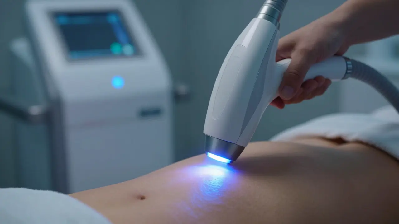 Detail aplikátoru laserové epilace působícího na pokožce břicha v klinickém prostředí.