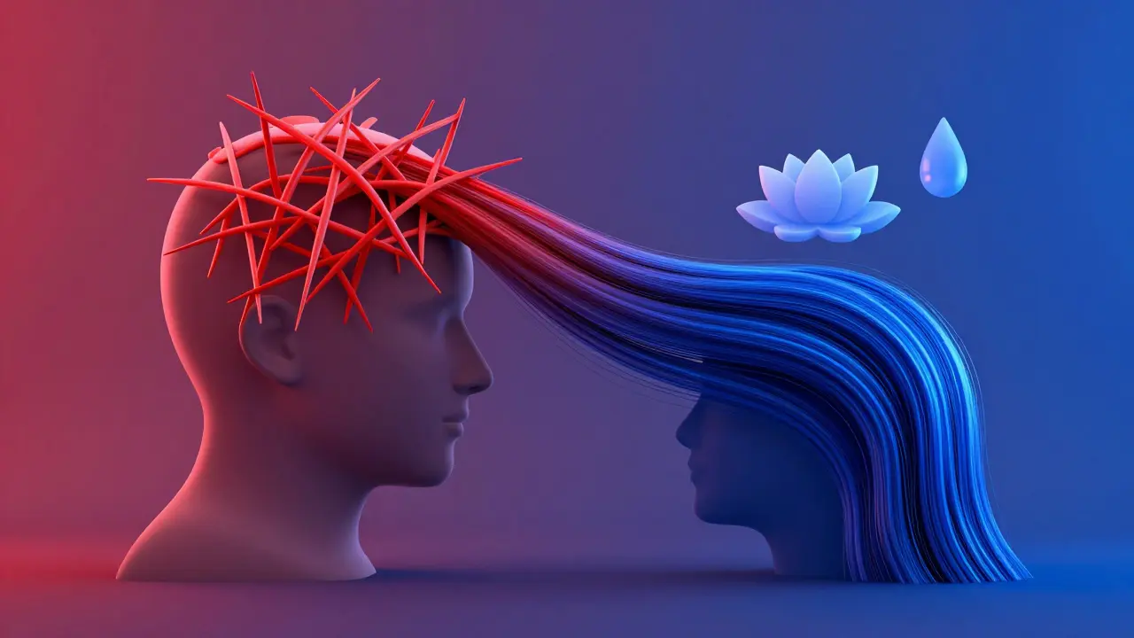 Ilustrace přechodu od stresu a vypadávání vlasů k jejich zdravému růstu a regeneraci.