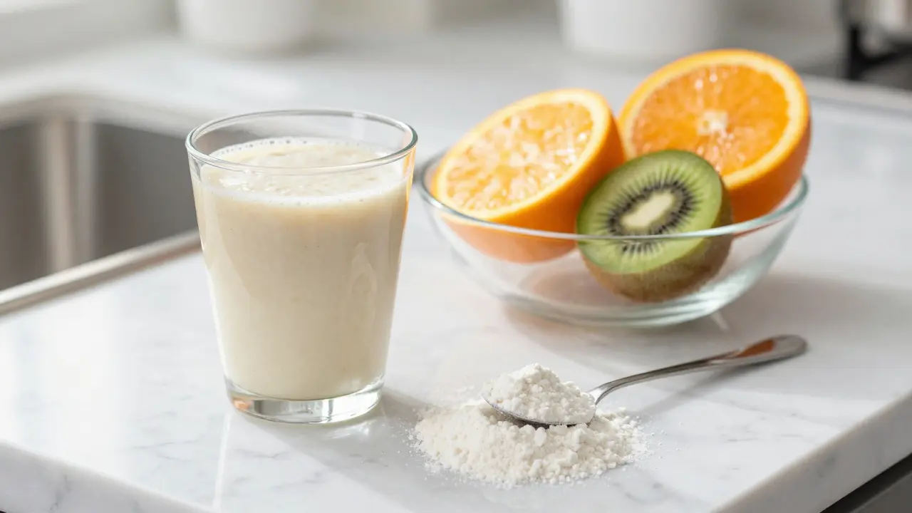 Kádla smoothie, kolagenový prášek a čerstvé citrusové plody na mramorovém stole.