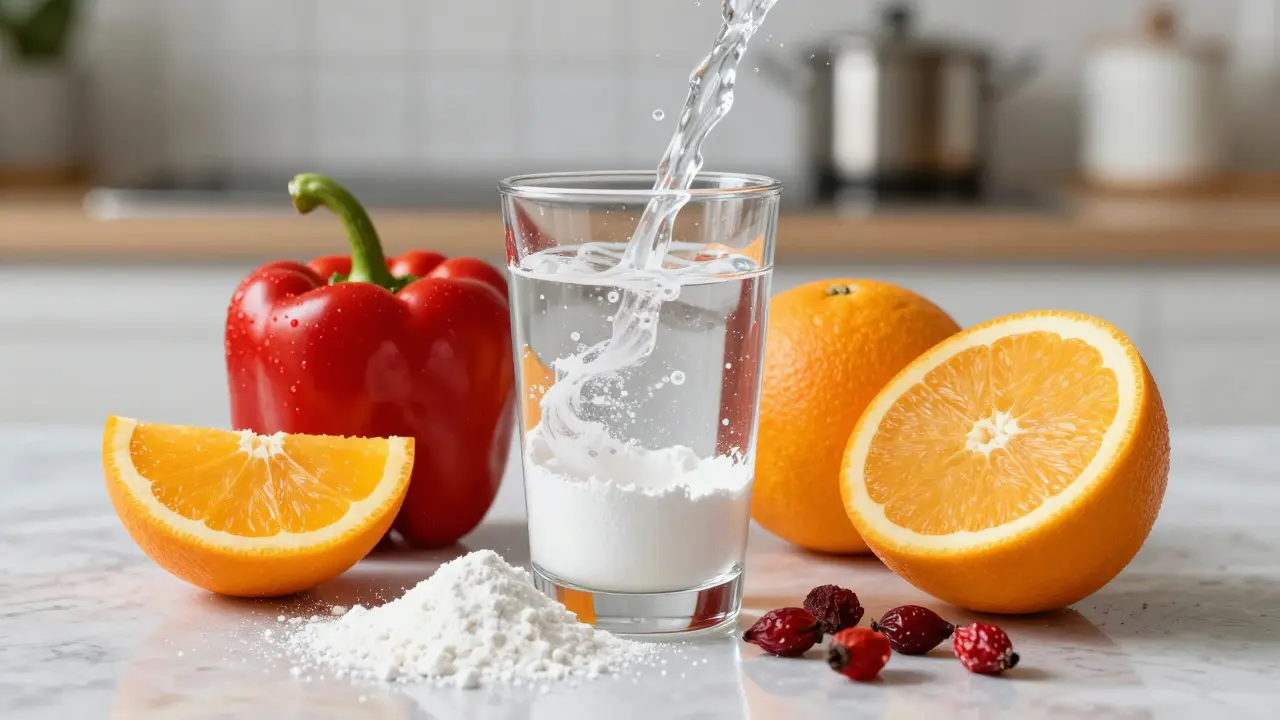 Kolagenový prášek v kombinaci s citrusy a paprikou pro efekt vitamínu C.