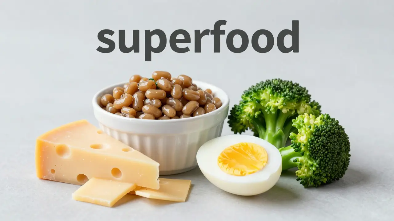 Kombinace potravin bohatých na vitamín K, včetně natto, sýra a brokolice.